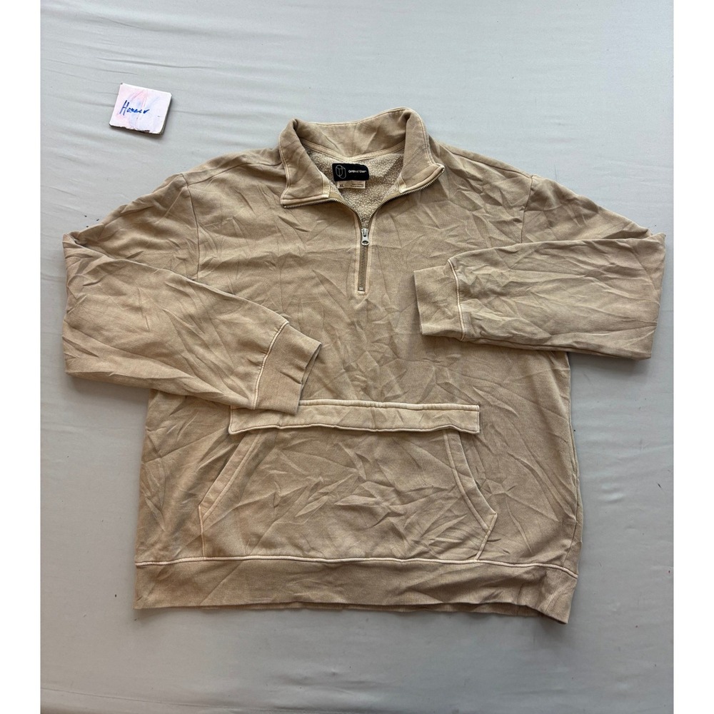 Original Use Mens XL Tan Khaki Quarter Zip Pullover Sweatshirt Kangaroo Pocket